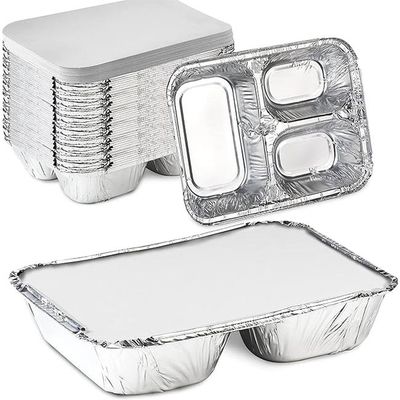 3 Compartment Rectangular Aluminum Foil Plate Food Container With Flat Lids Disposable